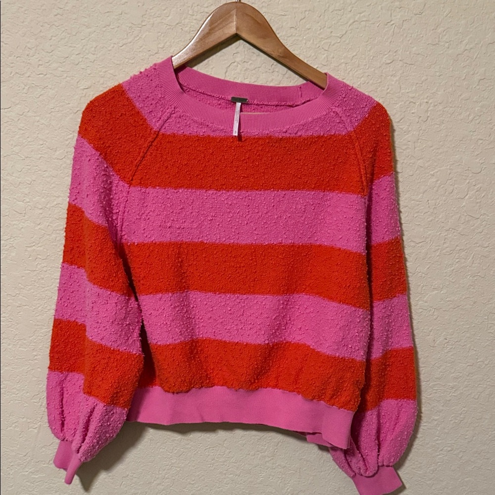 Free People Pink and Red Striped Crew Sweater size small